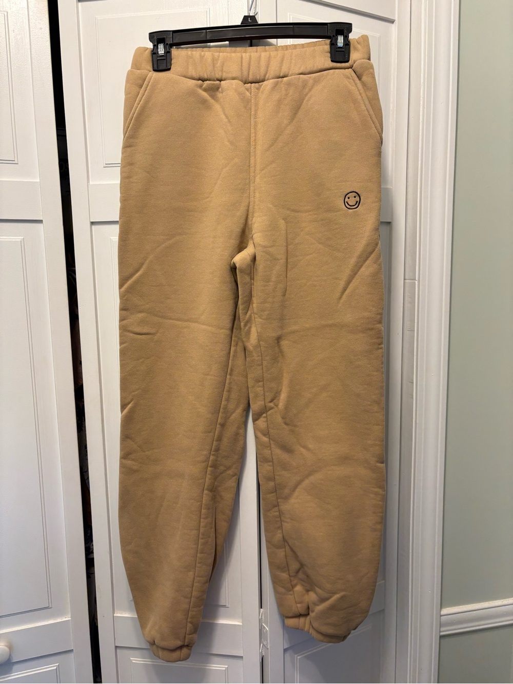 Cozy Tan Women's Fleece Joggers with Smiley Detail boutique brand